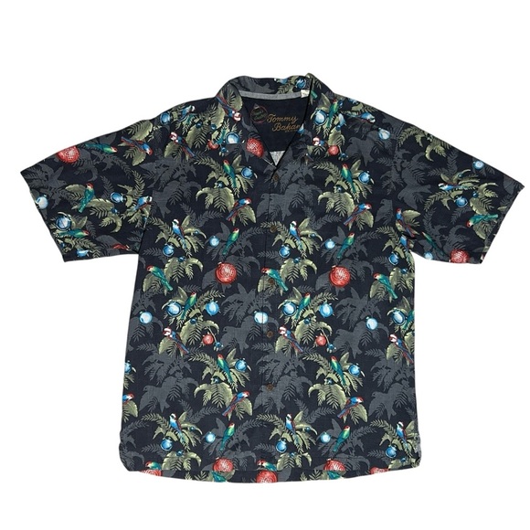 2014 TOMMY BAHAMA Seasons Greetings Silk Shirt sz M Tree Bird Ornament Christmas - Picture 2 of 12